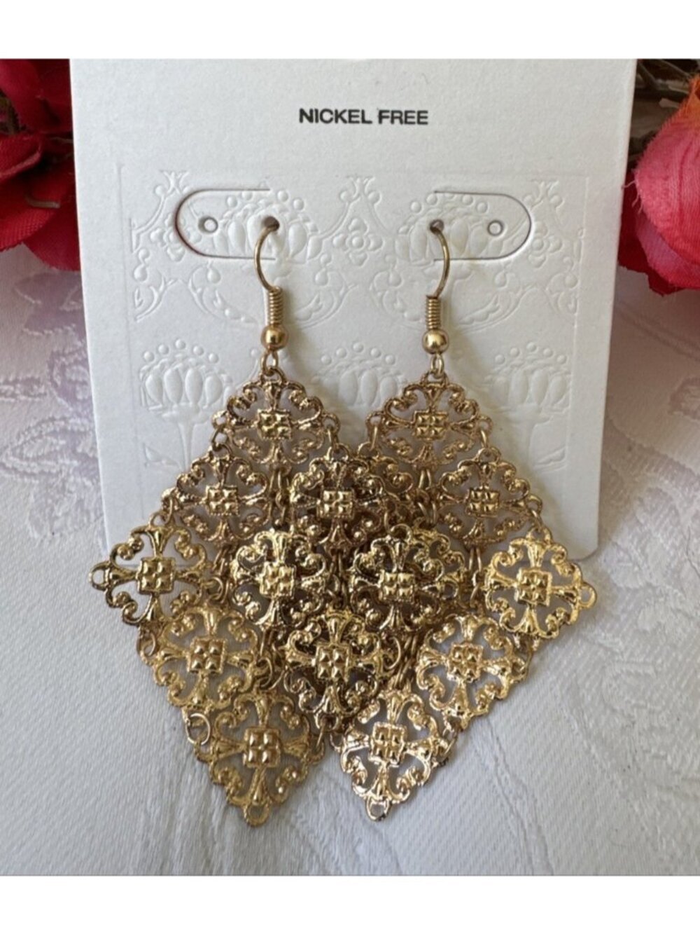 Square Filigree Shimmering Goldtone Dangle Earrings 2 3/4" Nickel Free NEW